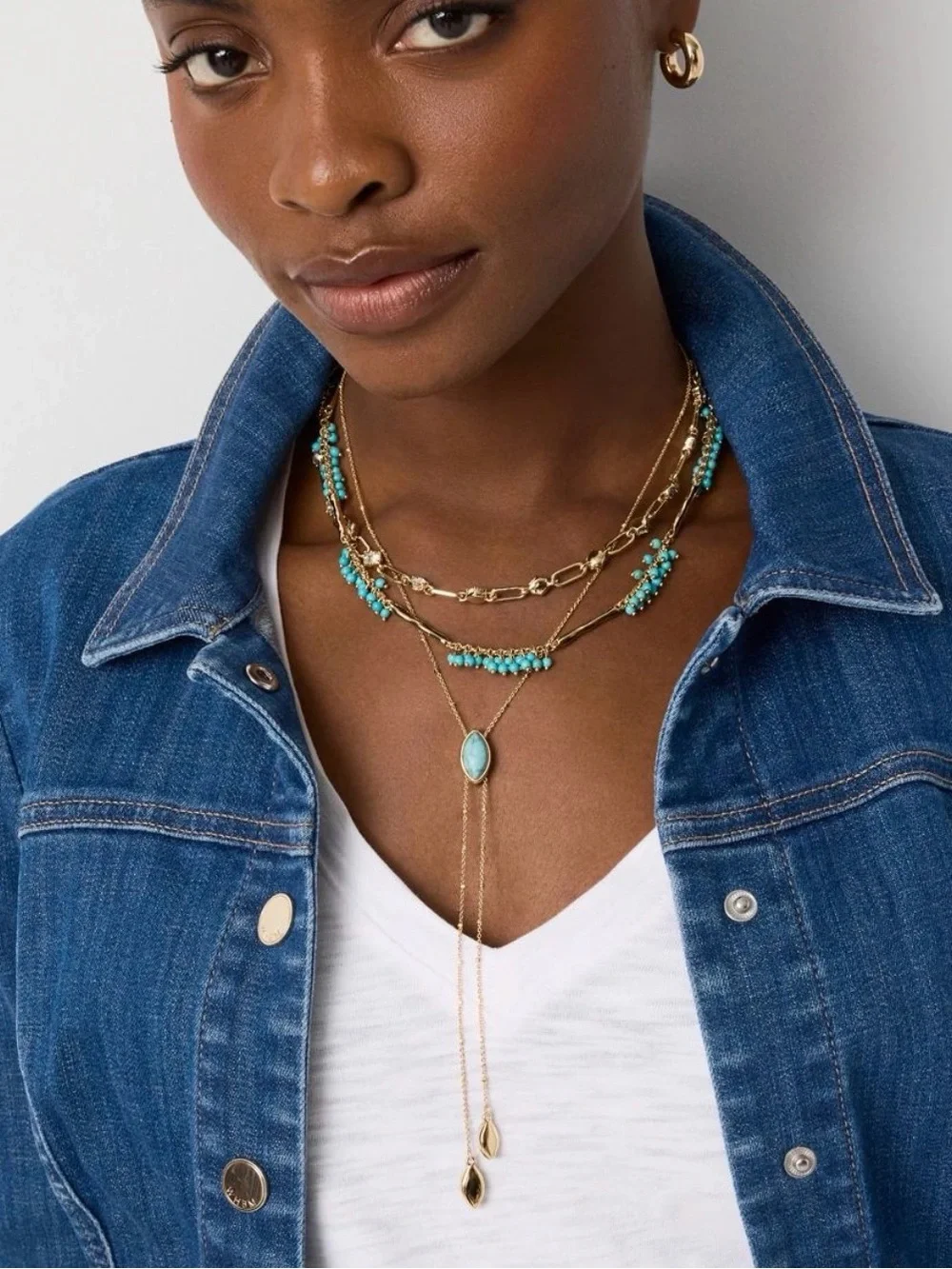 NWT WHITE HOUSE BLACK MARKET Gold & Turquoise Multi-Layer Drop Necklace